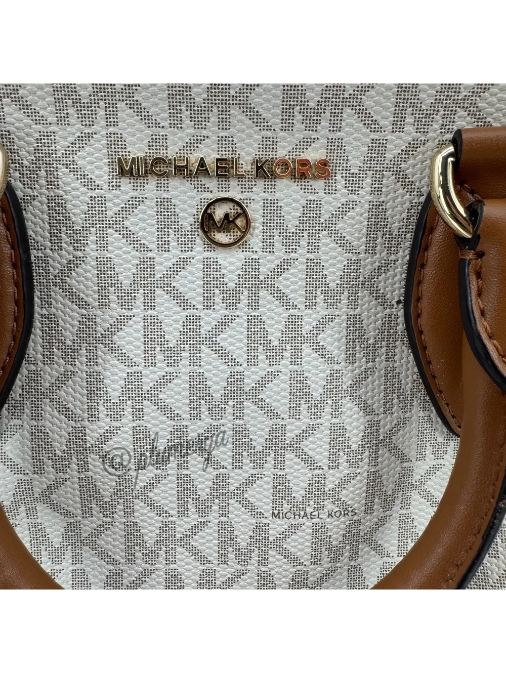 Michael Kors Women's Signature MK Monogram Satchel Crossbody Handbag Brown Gold